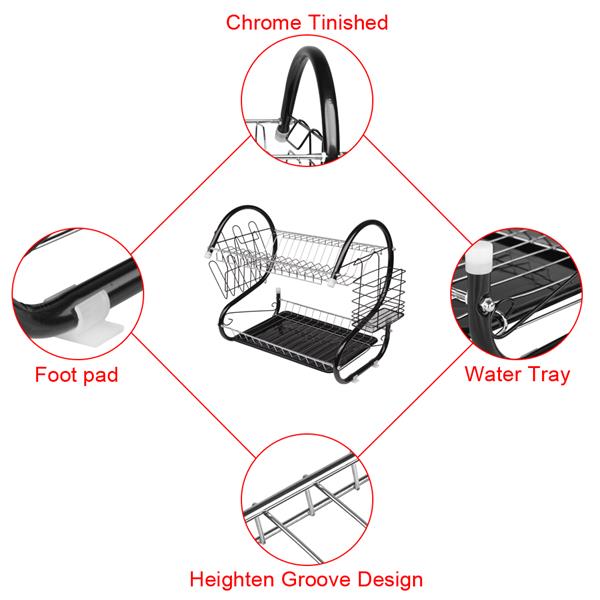 Multifunctional S-shaped Dual Layers Dish Drain Rack Black