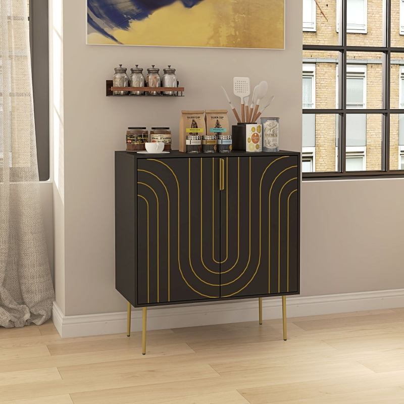 Black and Gold Embossed Sideboard Kitchen Cabinet with Adjustable Shelves and Copper Plated Legs