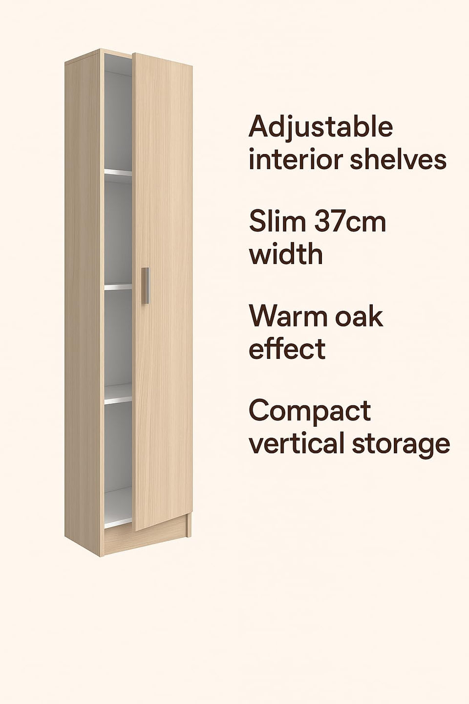 Oak Effect Narrow Storage Cupboard 37cm Wide Multi-Purpose Cabinet with Adjustable Shelves