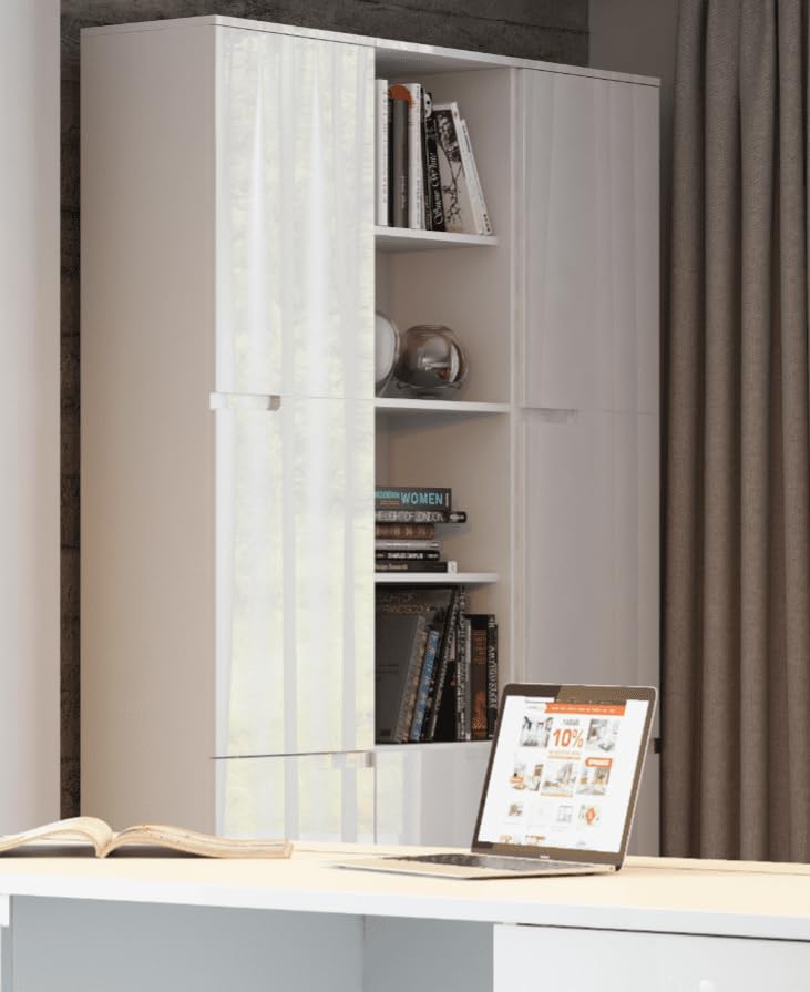 Modern Lavish Kitchen Isle Arctic Elegance tall narrow bookcase with white gloss doors and concealed compartments for living room or office storage.