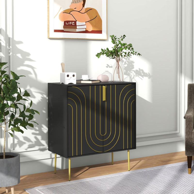 Black and Gold Embossed Sideboard Kitchen Cabinet with Adjustable Shelves and Copper Plated Legs