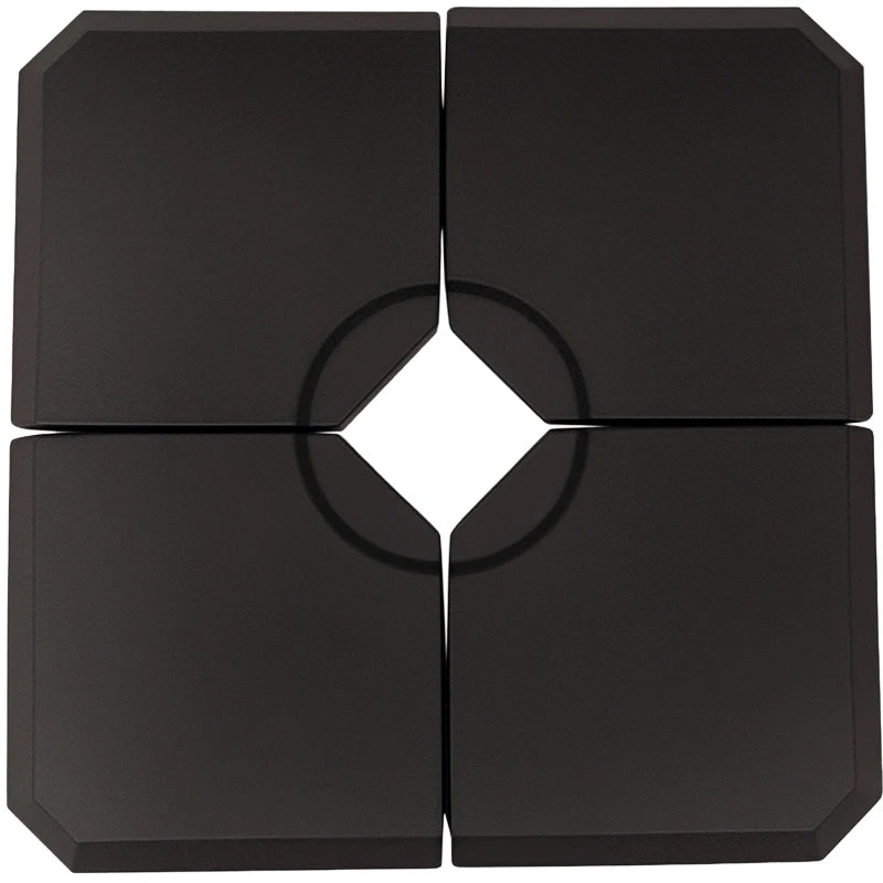 Black 4-piece cantilever parasol base weight set filled with water or sand for outdoor patio umbrellas, up to 120kg capacity.