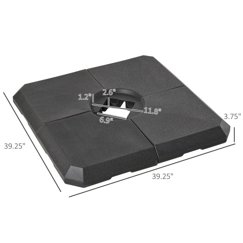 Black 4-piece cantilever parasol base weight set with fillable outdoor umbrella weights, up to 120kg, for patio umbrellas.