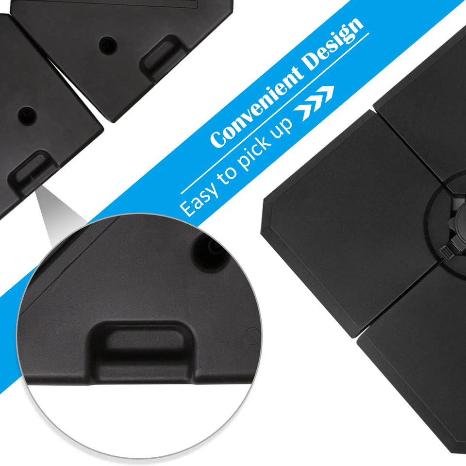 Black 4-piece cantilever parasol base weight set with fillable outdoor umbrella weights, up to 120kg, for patio stability.
