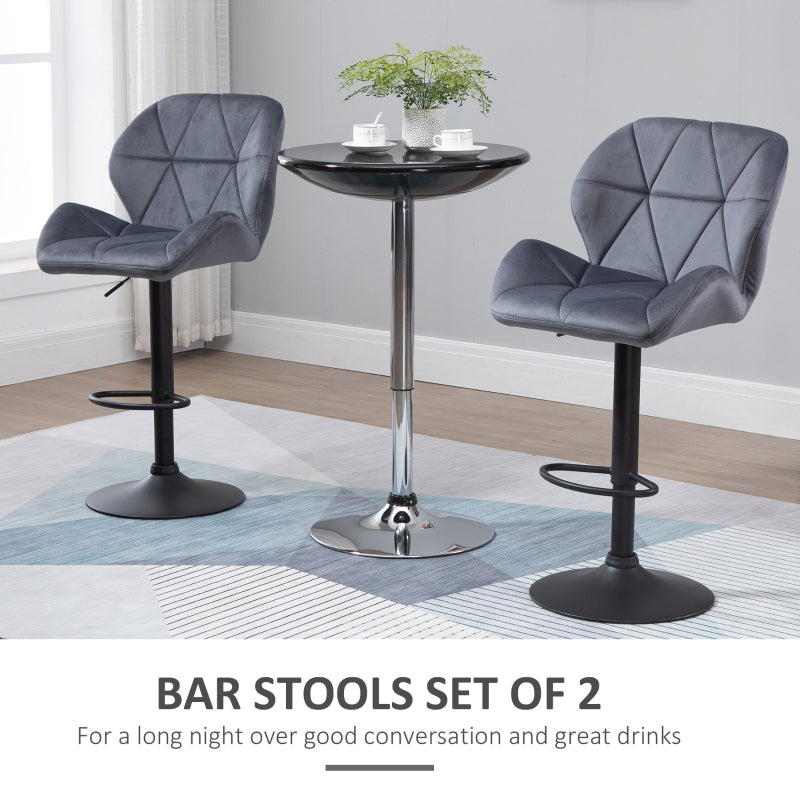 Set of 2 Dark Grey Adjustable Swivel Bar Stools | Upholstered Kitchen Counter Stools with Back for Home Bar and Café