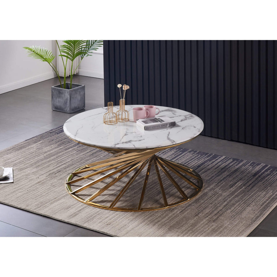 Axon Round Marble Coffee Table with Gold Frame – Modern Living Room Centre Table with Elegant Stone Top & Premium Finish - Lavish Kitchen Isle