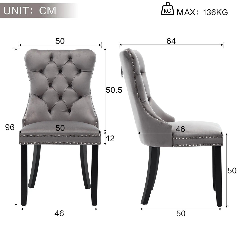 Set of 2 Lavish Kitchen Isle velvet dining chairs with button-tufted backrests and knocker ring handles in grey and beige colors.