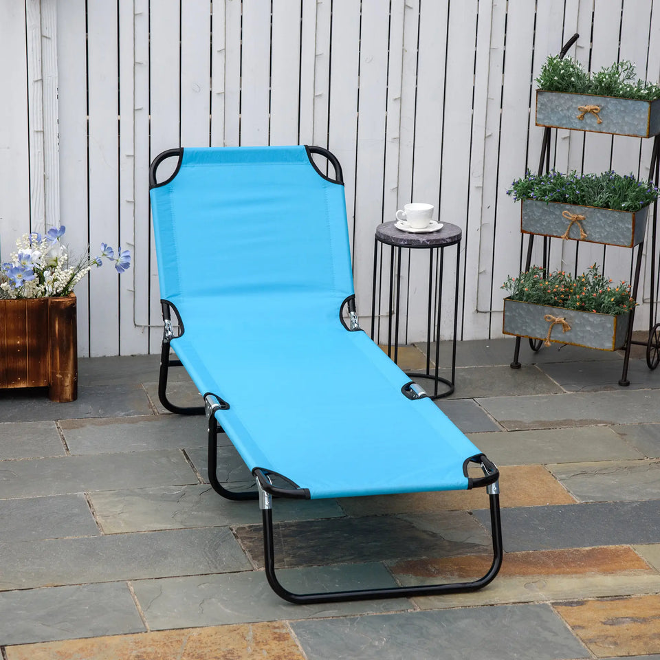 Lavish Kitchen Isle light blue folding sun lounger with 5 adjustable reclining positions for outdoor relaxation.