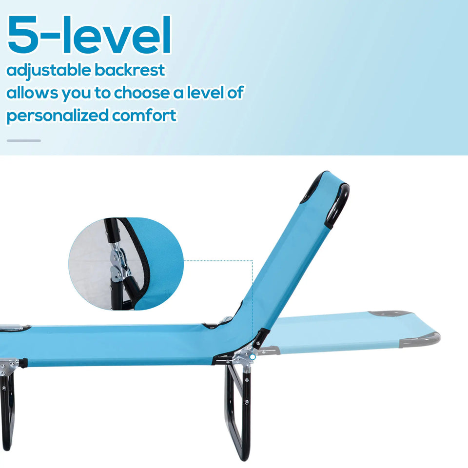 Light blue Lavish Kitchen Isle folding sun lounger with 5 adjustable reclining positions for outdoor relaxation.
