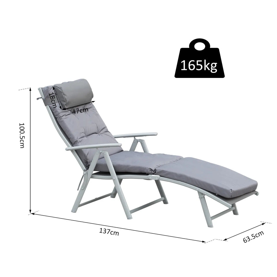 Grey foldable garden sun lounger chair with cushion and headrest, heavy-duty outdoor recliner by Lavish Kitchen Isle