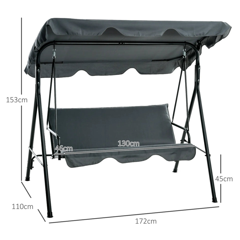 Modern grey 3-seater outdoor garden swing chair with adjustable canopy and cushioned seating by Lavish Kitchen Isle.