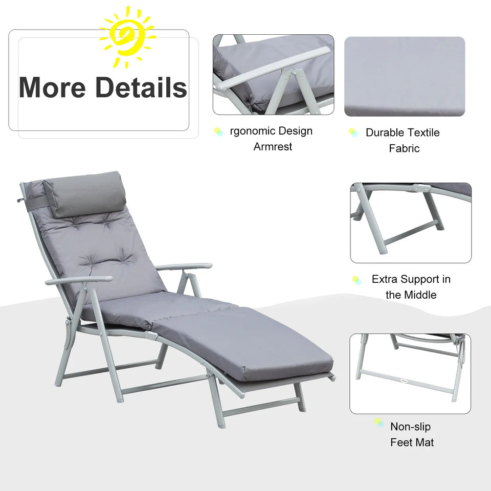 Grey foldable garden sun lounger chair with cushion and headrest, heavy-duty outdoor recliner, Lavish Kitchen Isle brand
