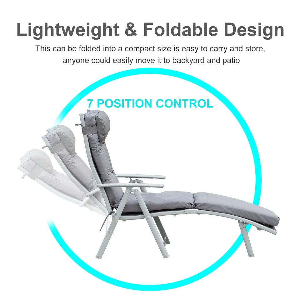 Grey foldable garden sun lounger chair with cushion and headrest, heavy-duty outdoor recliner from Lavish Kitchen Isle