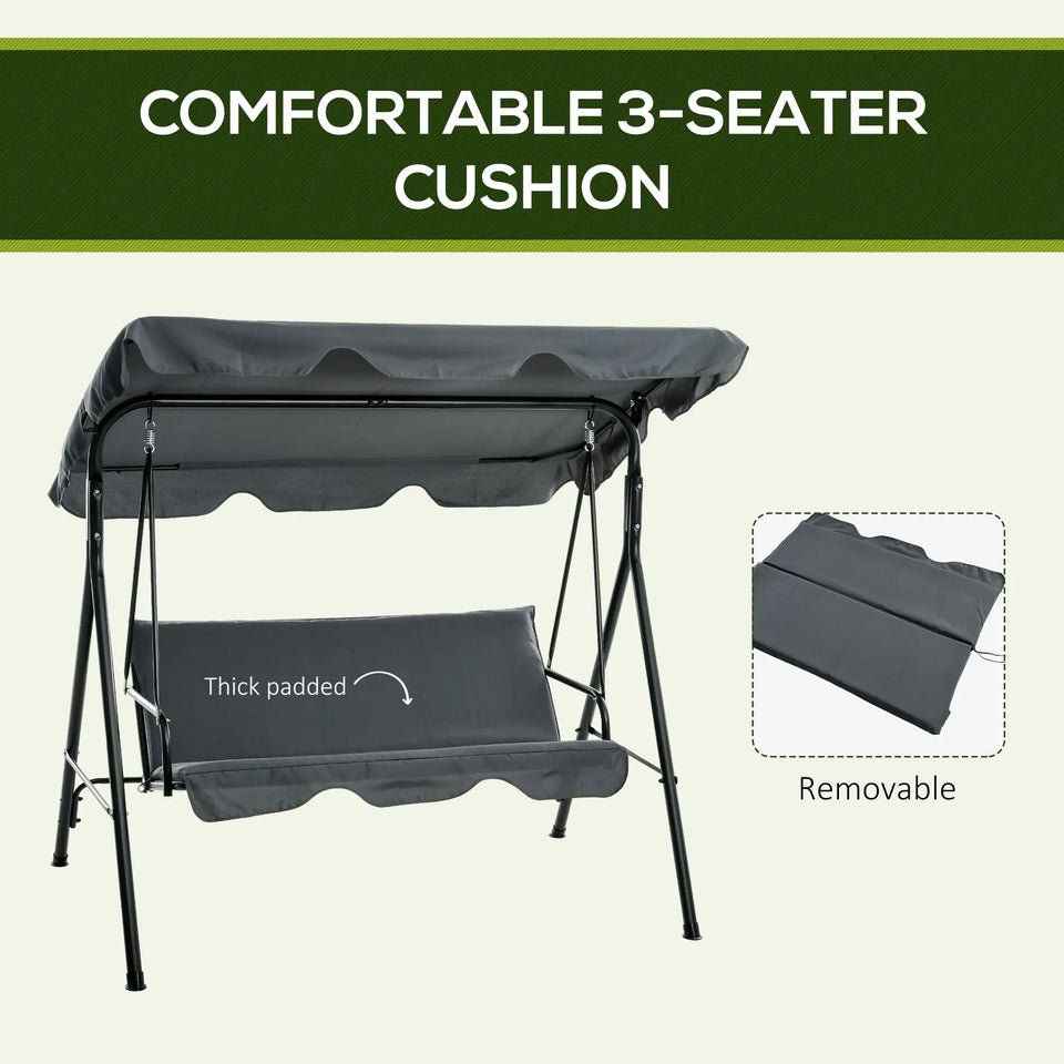Lavish Kitchen Isle 3-seater outdoor garden swing chair in modern grey with adjustable canopy and comfortable seating.