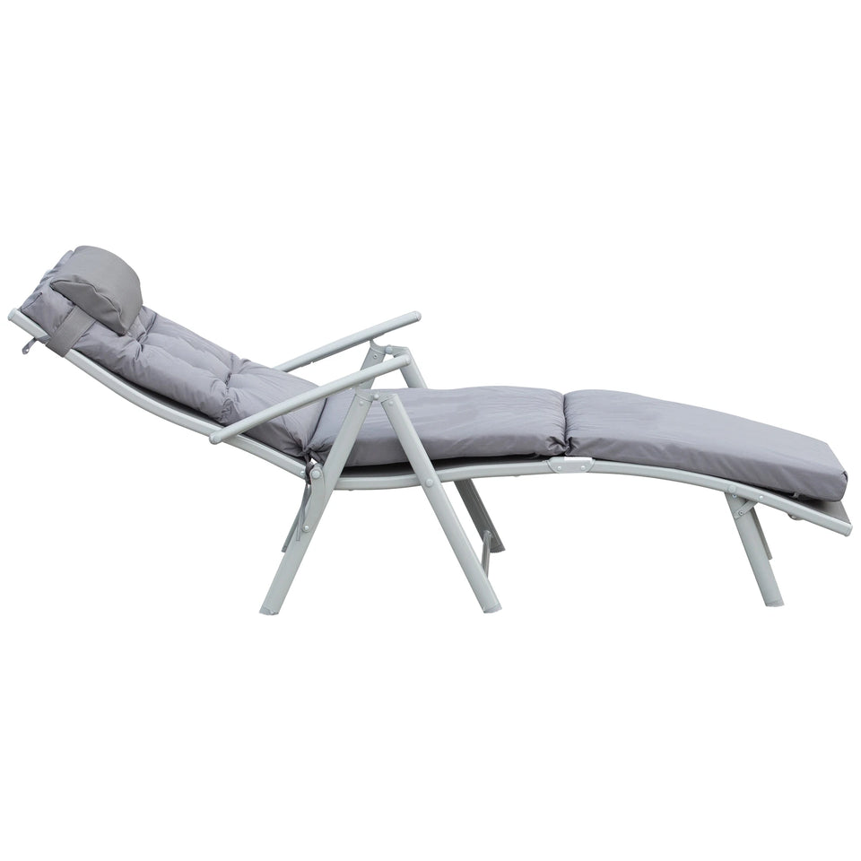 Grey foldable garden sun lounger chair with cushion and headrest, heavy-duty outdoor recliner by Lavish Kitchen Isle.