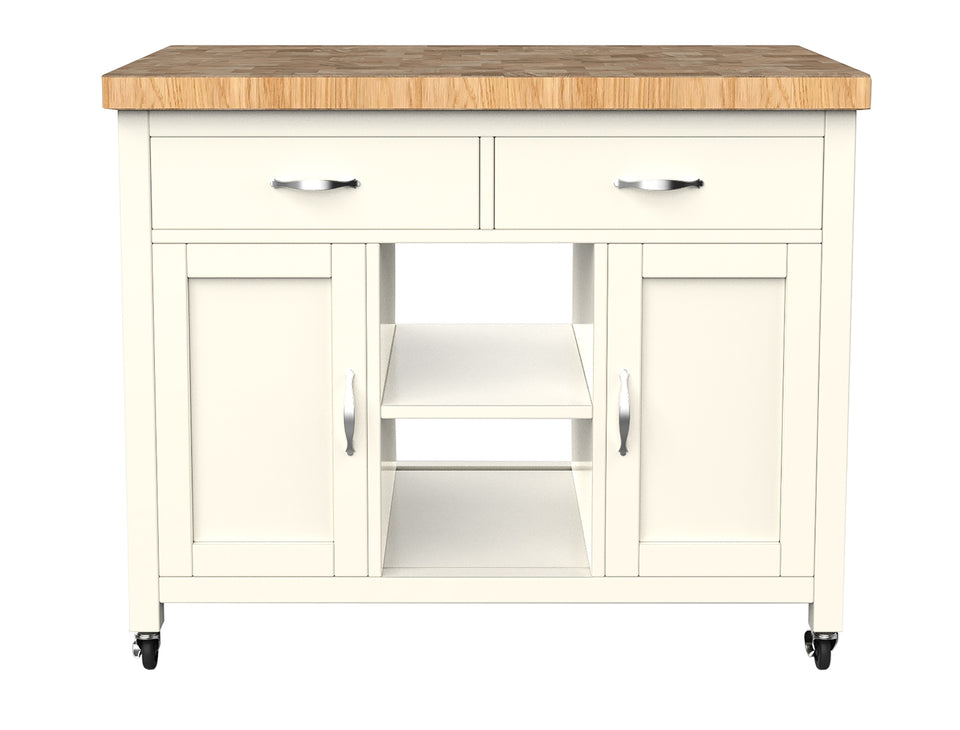 Cream kitchen island with butcher's block top from Baumhaus, featuring a spacious design and elegant style.