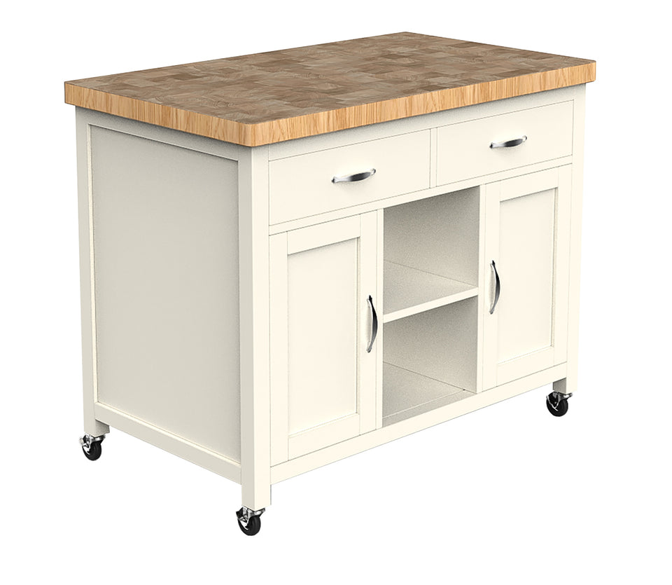 Baumhaus cream kitchen island with butcher's block top and spacious storage, featuring a stylish design and functional layout.