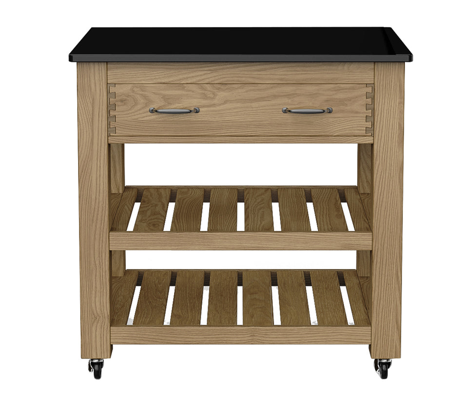 Kitchen Island (Oak) Two Drawer With Black Granite Top with Brake Wheels