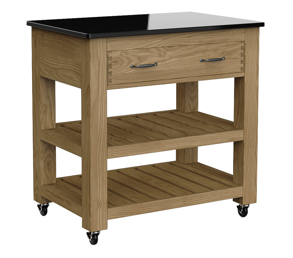 Kitchen Island (Oak) Two Drawer With Black Granite Top with Brake Wheels