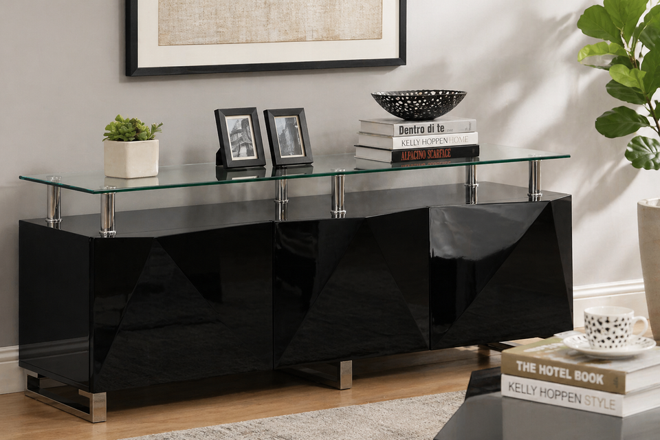 Lavish Kitchen Isle Rowley black high gloss sideboard with three doors, modern storage cabinet for dining and living spaces