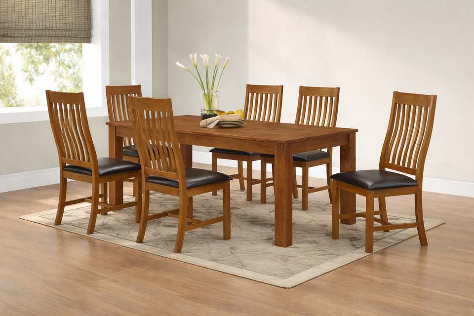 Lavish Kitchen Isle Adderley Walnut dining set with 6 upholstered chairs and a solid wood dining table for modern home interiors.
