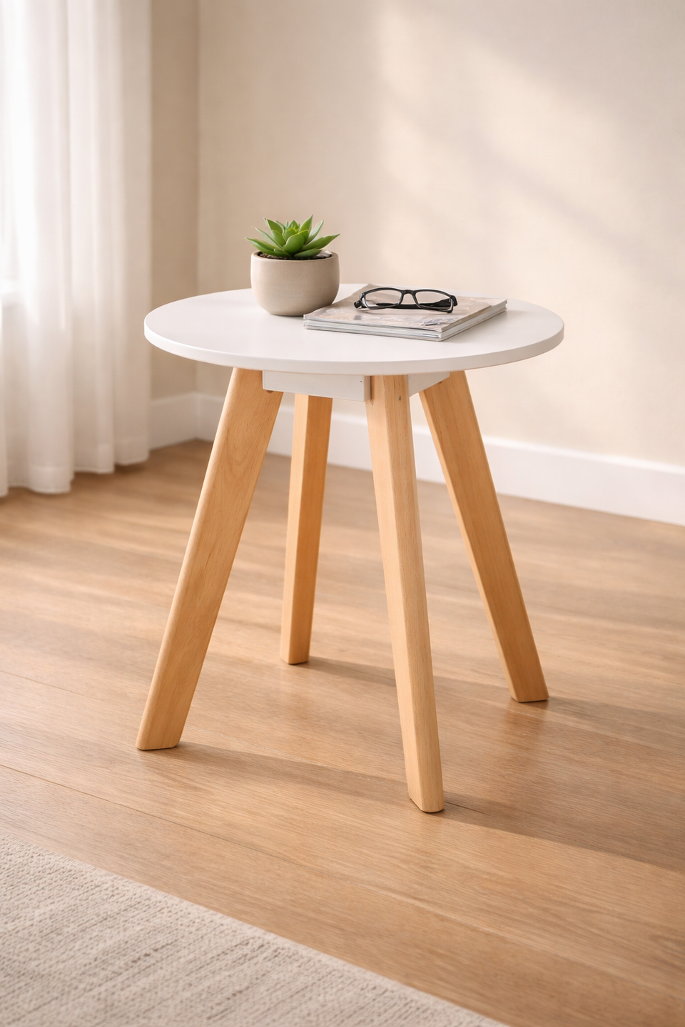 Lavish Kitchen Isle Belgium White round modern lamp table with smooth surface and slim legs, ideal for living rooms and bedrooms
