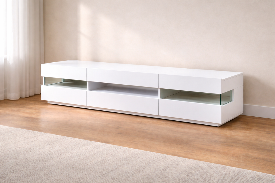 Lavish Kitchen Isle Concorde white high gloss LED TV unit with integrated LED lighting and storage, modern contemporary TV stand