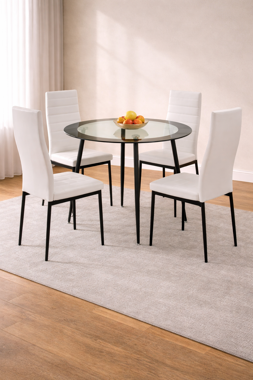 Lavish Kitchen Isle Acodia clear glass and black dining table with chrome base, modern tempered glass kitchen and dining room furniture