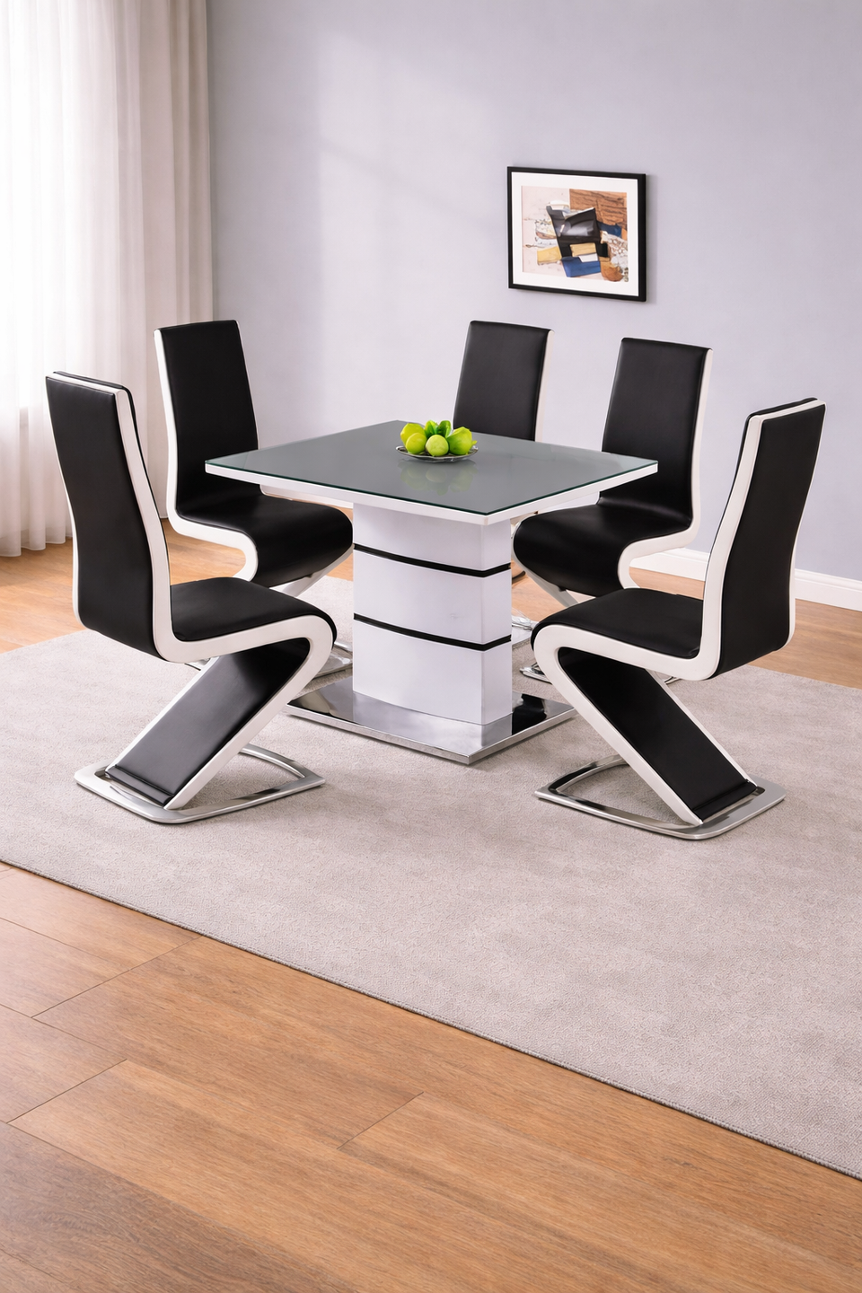 Lavish Kitchen Isle Aldridge high gloss white dining table with glass top, sleek contemporary design for modern kitchen and dining spaces.