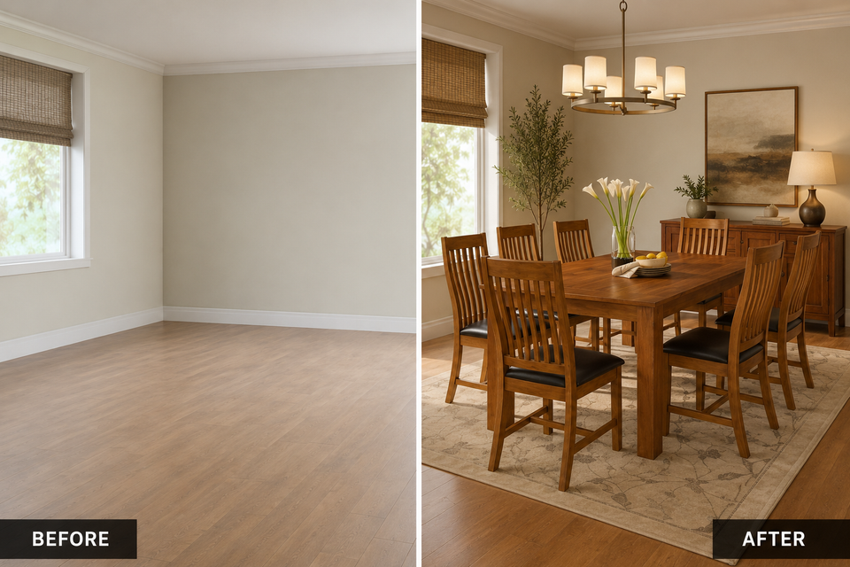 Lavish Kitchen Isle Adderley Walnut Dining Set with 6 upholstered chairs and solid wood table, ideal for modern home dining rooms.