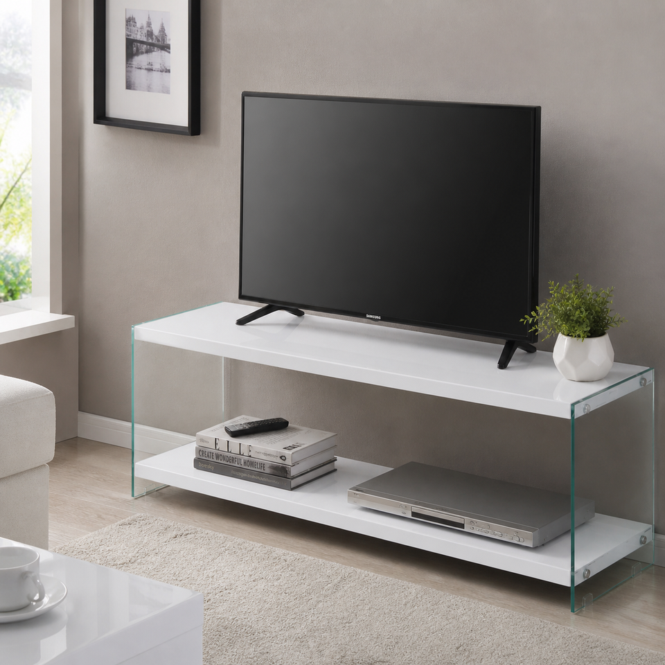 Lavish Kitchen Isle Marco White high gloss glass TV unit with modern design and storage for entertainment setup.