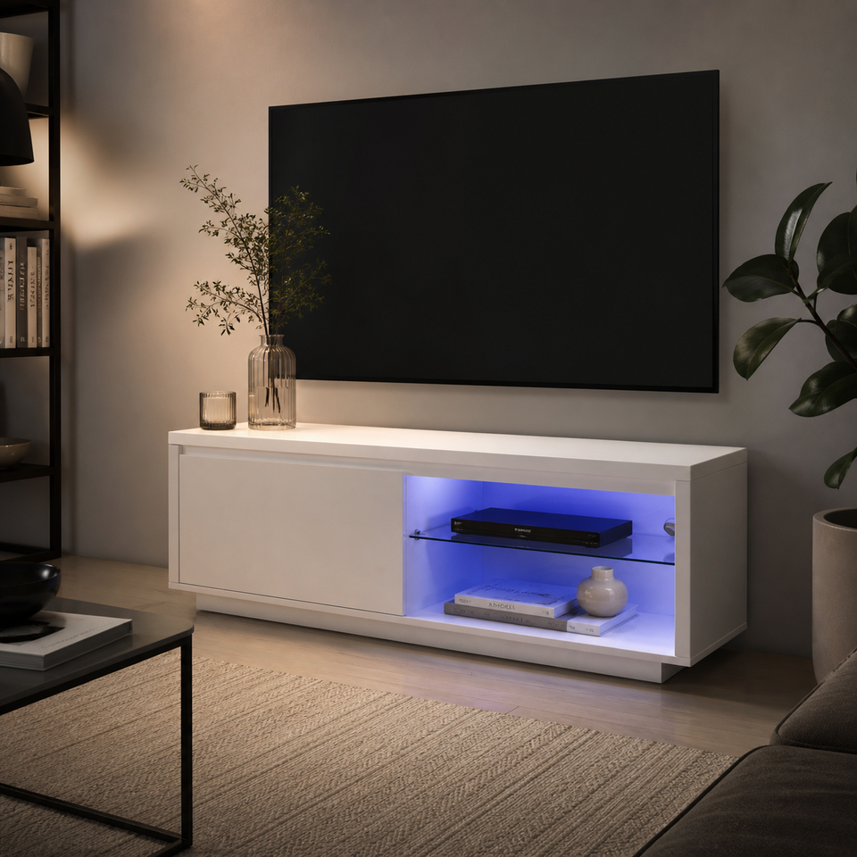 White high gloss LED TV unit by Lavish Kitchen Isle featuring modern design, storage compartments, and ambient lighting.