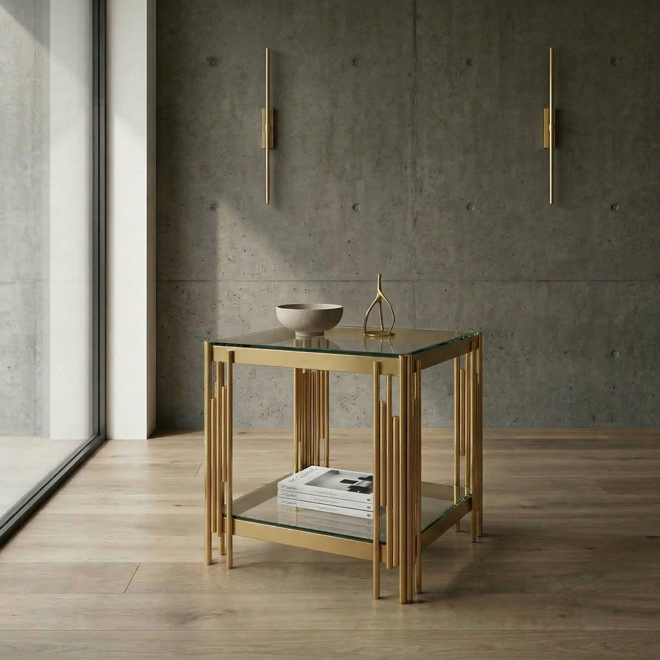 Lavish Kitchen Isle Cleveland gold frame glass lamp table with tempered glass top, shown from a corner view.