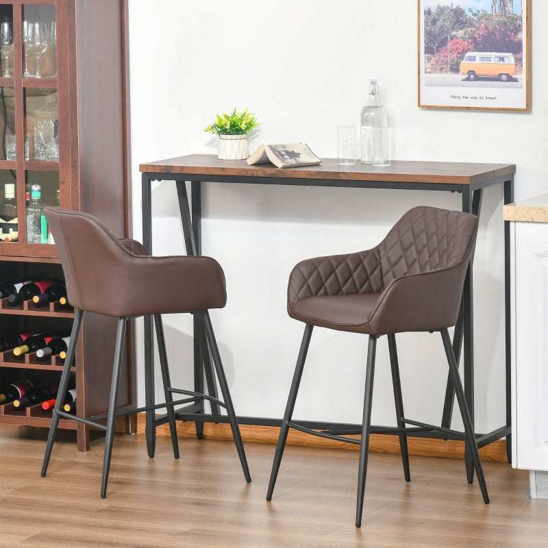 Set of 2 Bar stools With Backs Retro PU Leather Stylish Dining Seating Home- Brown
