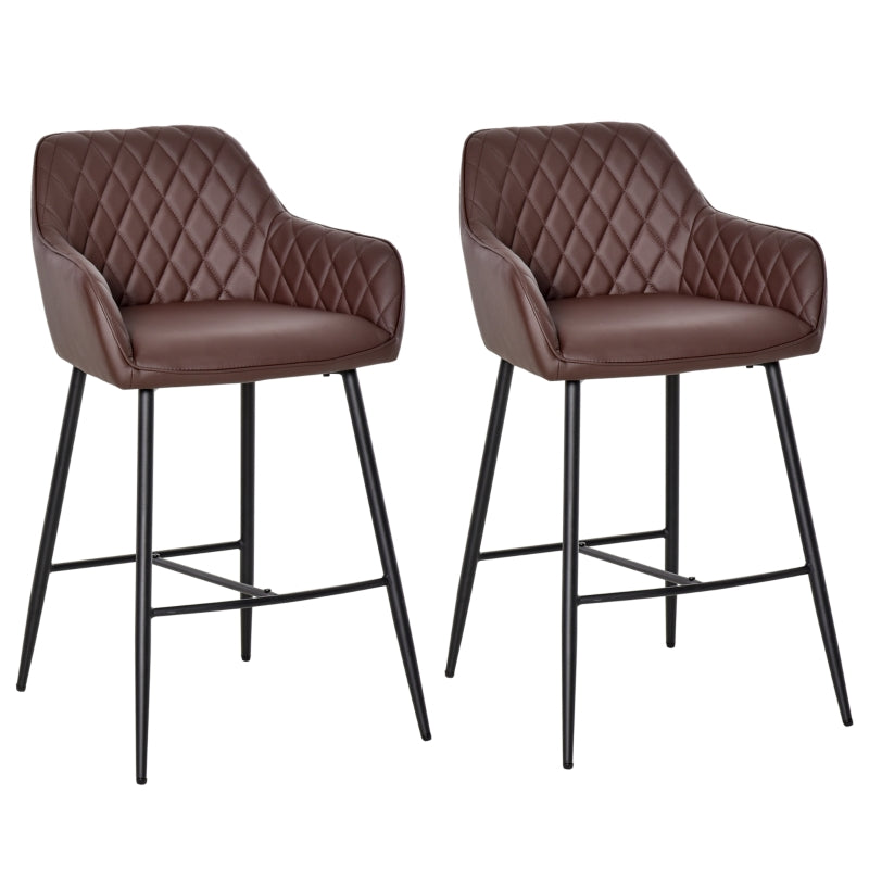 Set of 2 Bar stools With Backs Retro PU Leather Stylish Dining Seating Home- Brown