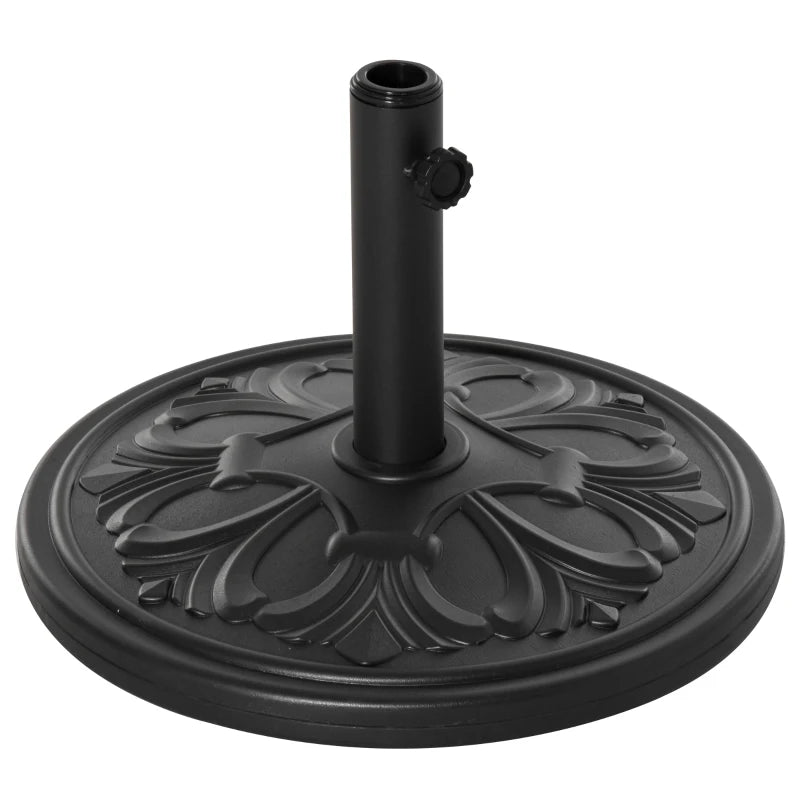 Heavy-duty 13kg round parasol base with carved floral design, outdoor umbrella stand from Lavish Kitchen Isle.