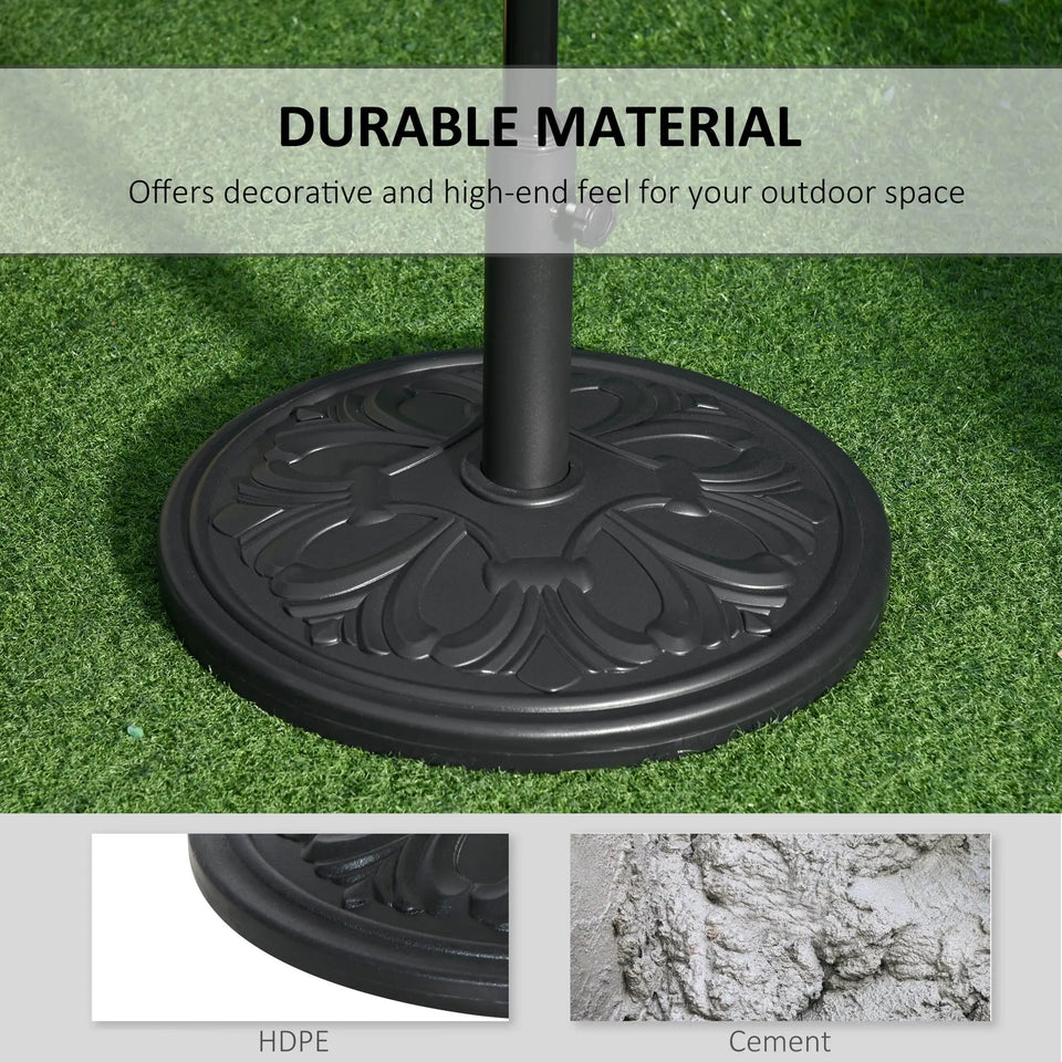 Heavy-duty 13kg round parasol base with carved floral design, outdoor umbrella stand from Lavish Kitchen Isle.