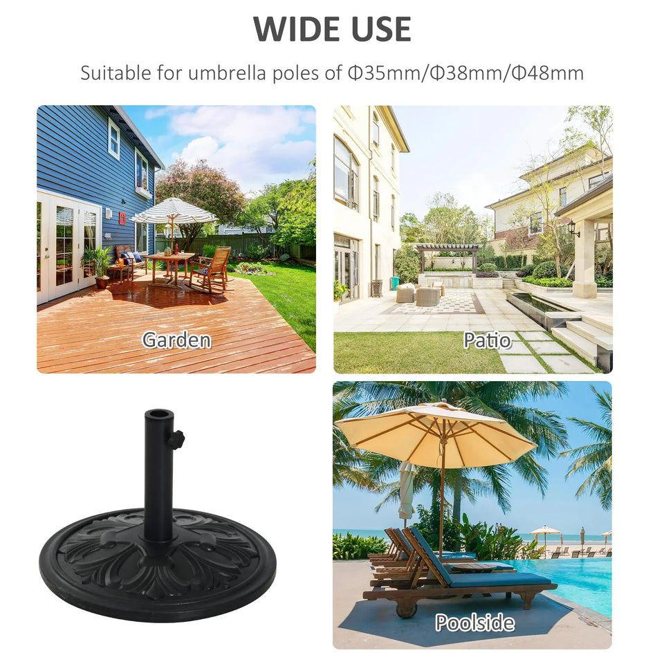 Heavy-duty 13kg round parasol base with carved floral design, outdoor umbrella stand by Lavish Kitchen Isle.