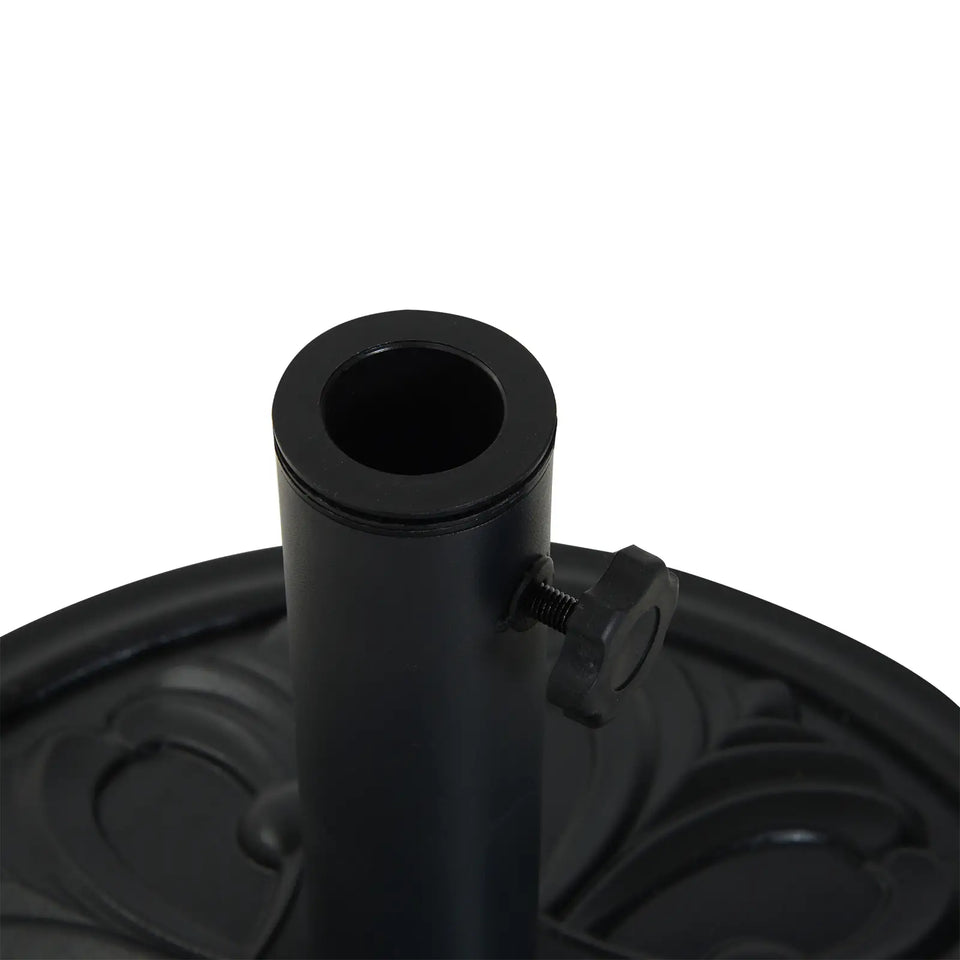 Heavy-duty 13kg round parasol base with carved floral design, outdoor umbrella stand by Lavish Kitchen Isle.