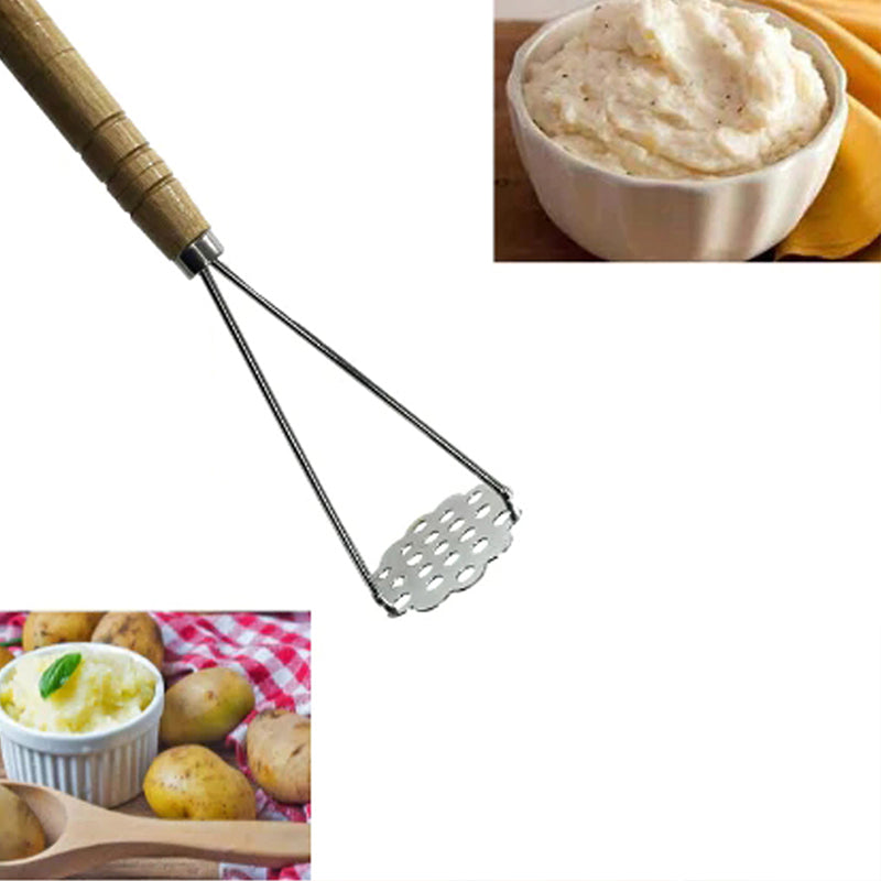 Steel Potato Masher with Wooden Handle for Kitchen Food Prep