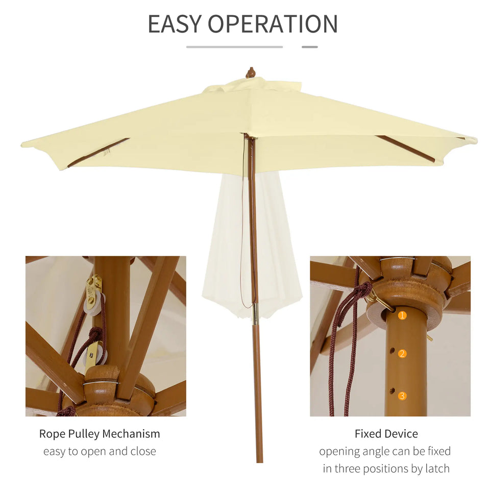Cream white wooden garden parasol with rope pulley, 2.5m size, by Lavish Kitchen Isle, ideal for outdoor shade and patio coverage