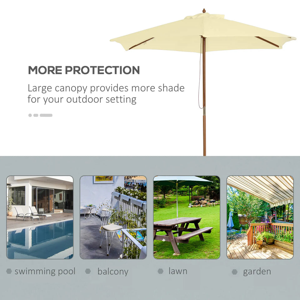 Cream white 2.5m wooden garden parasol with rope pulley from Lavish Kitchen Isle, ideal for outdoor shading and patio decor.
