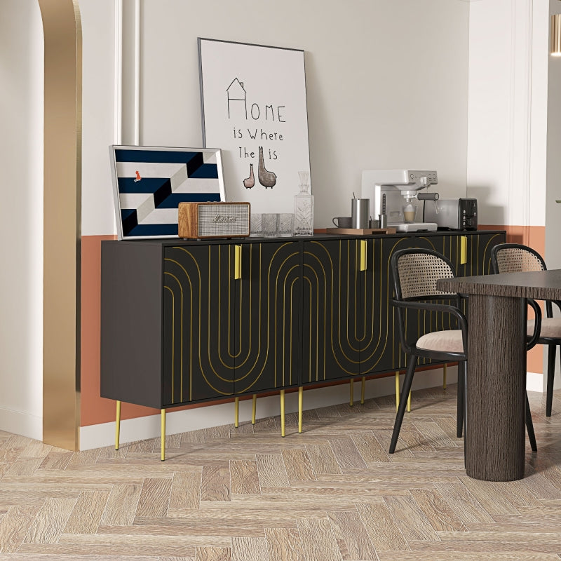 Black and Gold Embossed Sideboard Kitchen Cabinet with Adjustable Shelves and Copper Plated Legs