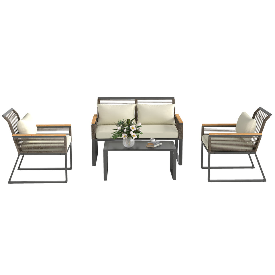 4-Piece Wicker Rope Garden Furniture Set – Grey