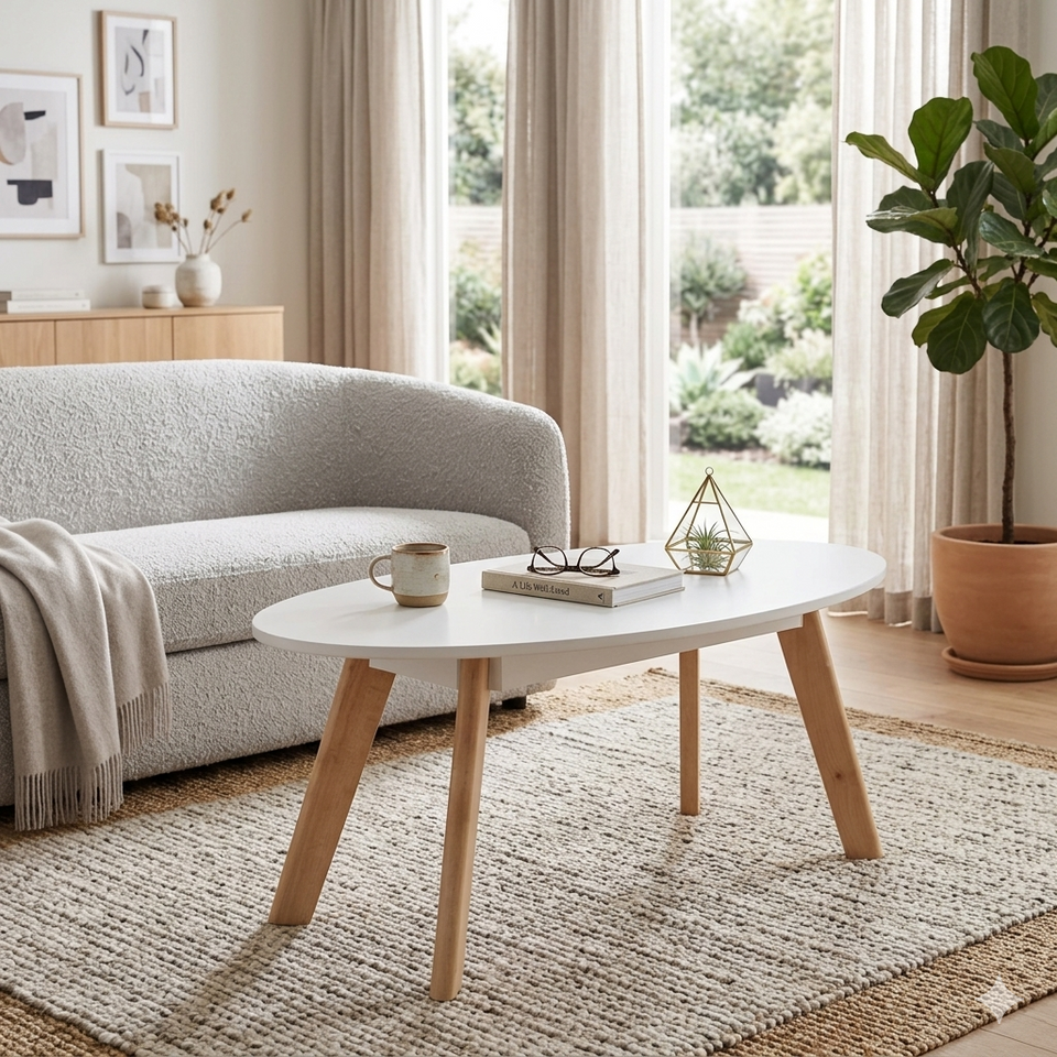 Modern Belgium White Oval Coffee Table by Lavish Kitchen Isle with high gloss finish for contemporary living room decor.