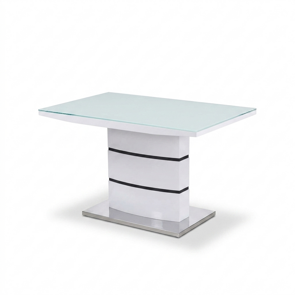 Lavish Kitchen Isle Aldridge high gloss white dining table with glass top, modern luxury kitchen and dining room furniture