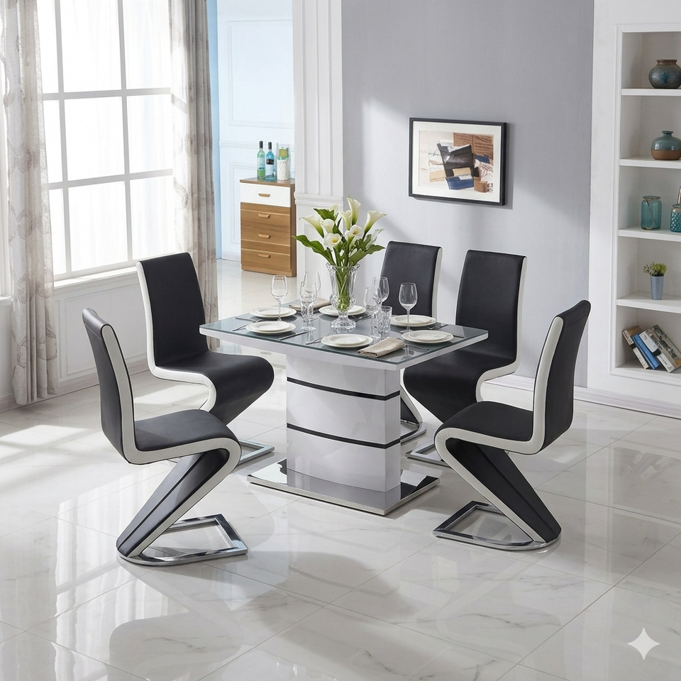 Modern Aldridge high gloss white dining table with glass top, luxury contemporary design by Lavish Kitchen Isle.
