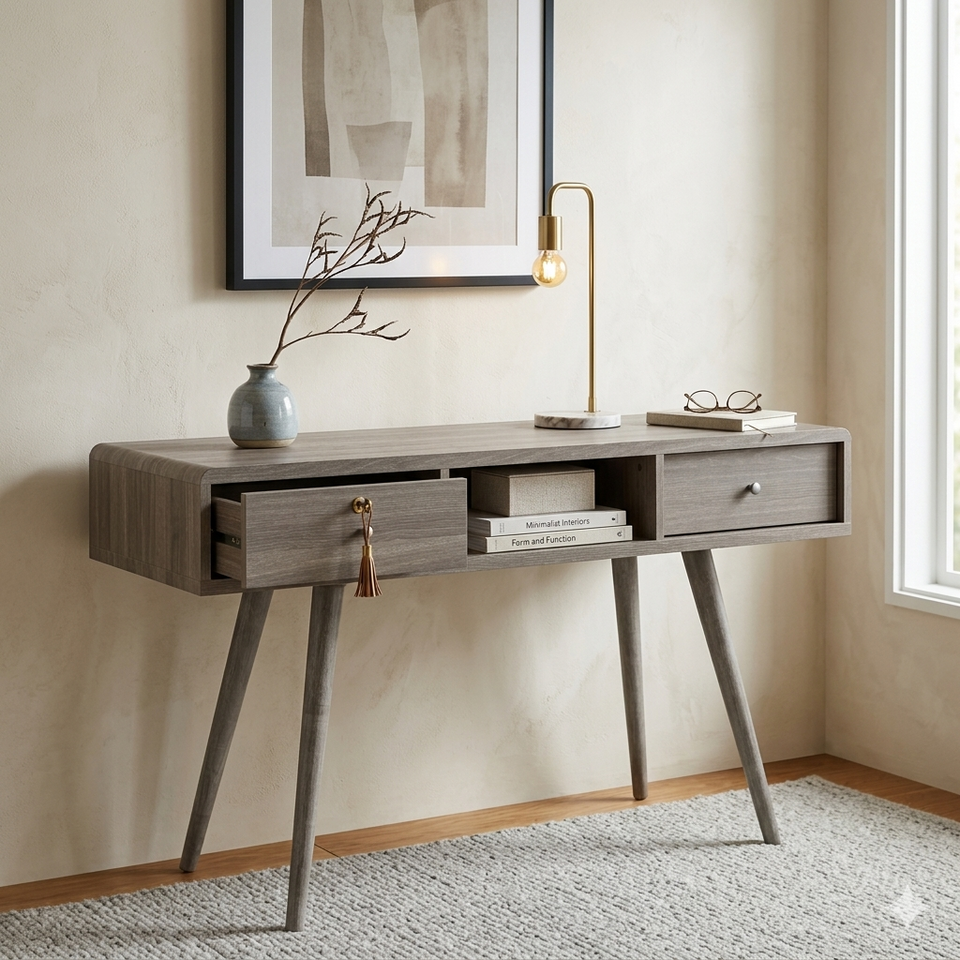 Lavish Kitchen Isle Belvoir Grey Oak dressing table with two drawers, modern bedroom vanity, and stylish storage.