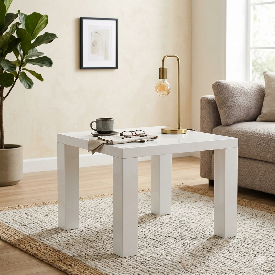 White high gloss Foxley lamp table by Lavish Kitchen Isle, modern bedside or living room side table with sleek design.