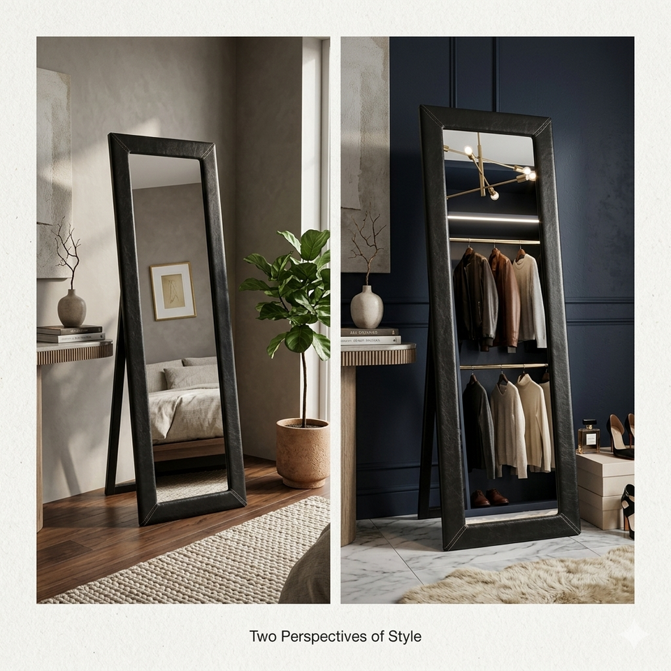 Full-length Lavish Kitchen Isle Odessa PU Cheval Mirror standing freestanding in a bedroom, showcasing its full-length dressing mirror design.